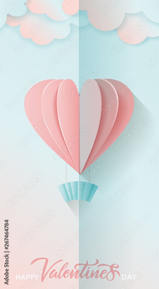 Vetyical banner for Valentine's day. Lettering Happy valentine day. 3D flying pink and blue paper heart balloons and clouds paper craft style. Bulk card, banner, greeting, advertising