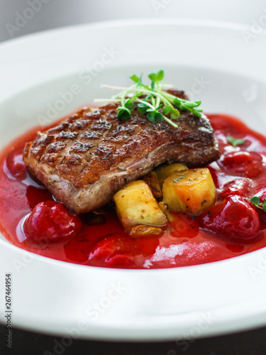 fried duck breast with berry sauce and vegetables (main dish). food background. top
