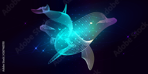 Blue dolphins composed. Marine animal digital concept. illustration of a starry sea or Comos. The dolphin consists of lines. Wireframe light connection structure