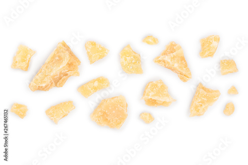 Parmesan cheese pieces isolated on white background with copy space for your text. Closeup. Top view. Flat lay