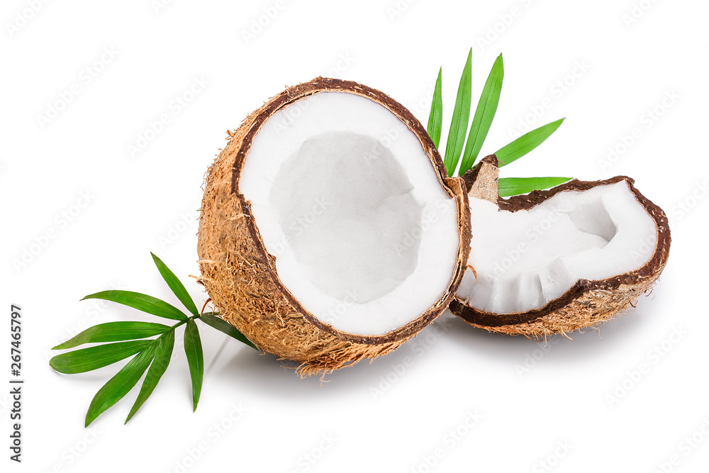 half of coconut with leaves isolated on white background half of coconut with leaves isolated on white background