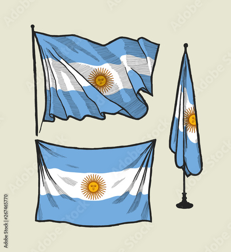Flag of Argentina on the wind and on the wall - vector drawing illustration set