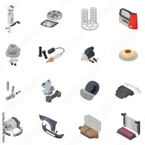 Car part icons set. Isometric set of 16 car part vector icons for web isolated on white background