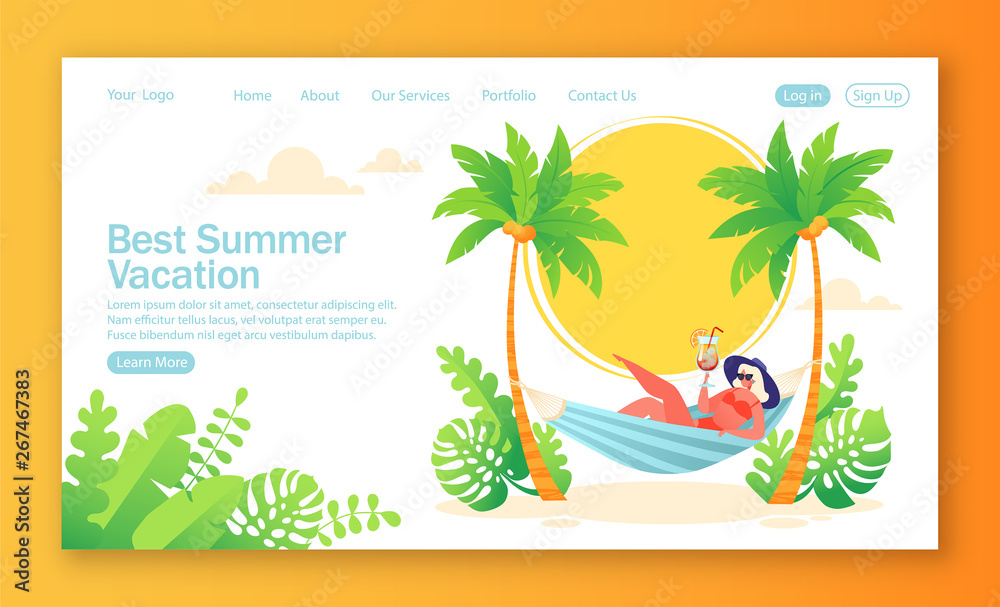 Concept of landing page on summer holiday, vacation theme. Vector illustration for mobile website development and web page design. Woman character resting in a hammock with a cocktail in her hand.