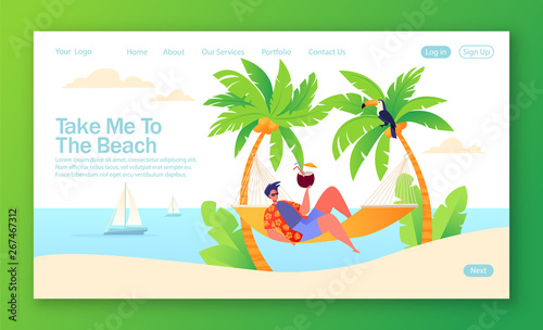 Concept of landing page on summer holiday, vacation theme. Нарpу man character resting in a hammock with a coconut cocktail in his hand, between two palm trees. Vector illustration for mobile website