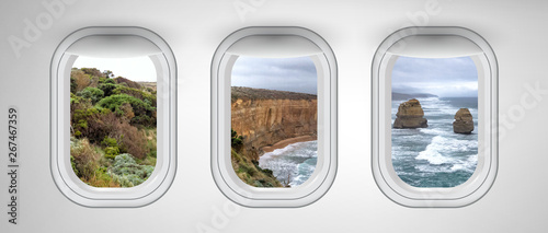Twelve Apostles coastline as seen through three aircraft windows. Holiday and travel concept