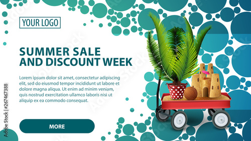 Summer sale and discount week, banner with garden cart with sand, sand castle and potted palm