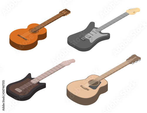 Guitar icons set. Isometric set of guitar vector icons for web design isolated on white background