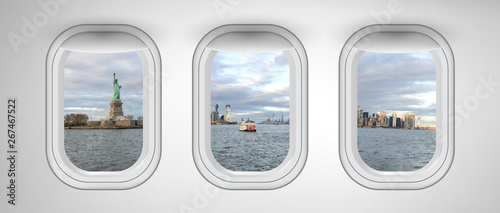 New York City and Statue Of Liberty as seen through three aircraft windows. Holiday and travel concept