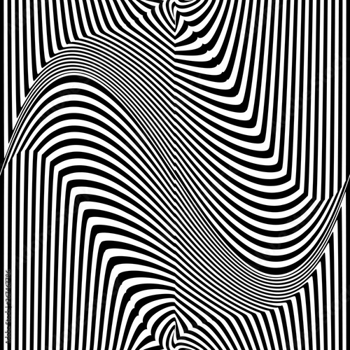 Abstract black and white striped background. Geometric pattern with visual distortion effect. Optical illusion. Op art.