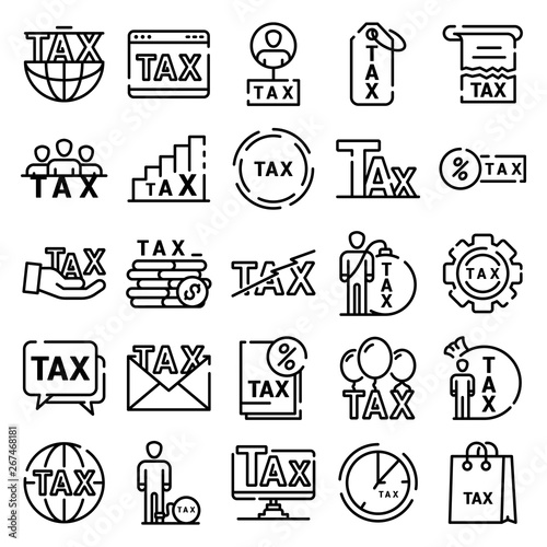 Tax icons set. Outline set of tax vector icons for web design isolated on white background