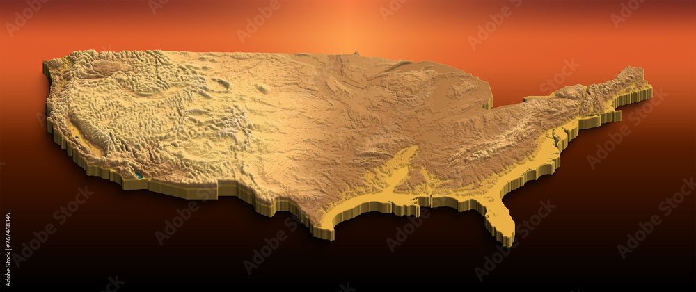 Relief map of USA with 3D effect. Isometric map of country. Clipped at ...