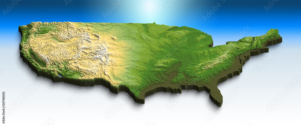 Relief map of USA with 3D effect. Isometric map of country. Clipped at ...