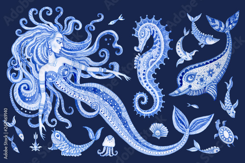 Photography Set of blue hand painted fairy tale sea animals and mermaid