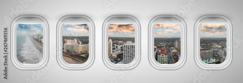 Myrtle Beach at sunset as seen through five aircraft windows. Holiday and travel concept photo