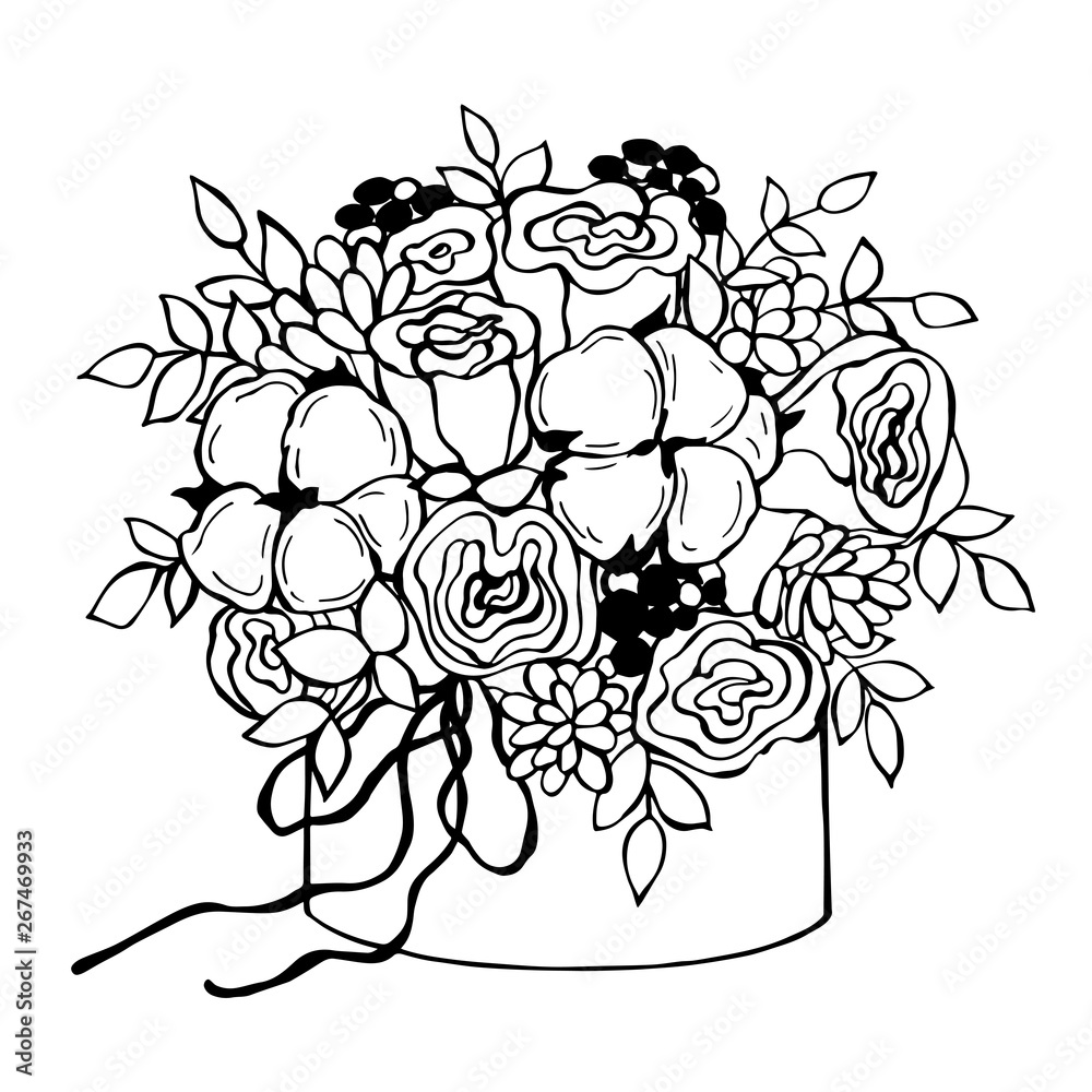 Fototapeta premium Hand drawn flowers in box.Vector sketch illustration.
