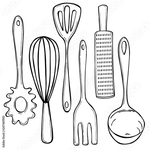 Hand drawn kitchen tools . Vector sketch  illustration.