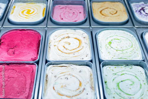 Ice cream bar. Ice cream in containers close up