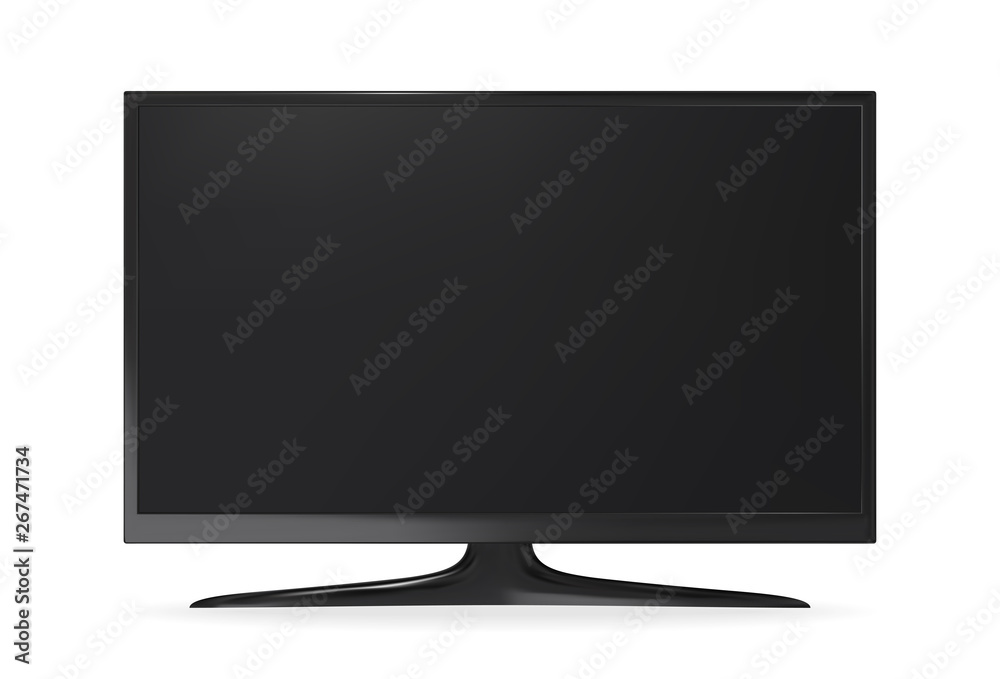 Widescreen black flat tv on stand. Realistic vector mockup. Widescreen black flat tv on stand. Realistic vector mockup.