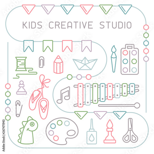 Concept of kids creative studio placard. Linear style vector illustration. Suitable for advertising