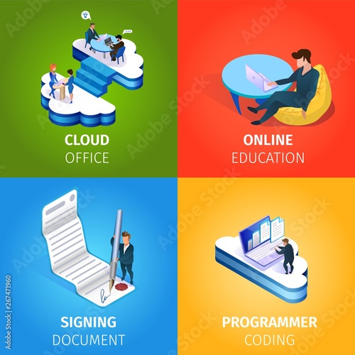 Cloud Office, Online Education, Signing Document, Programmer Coding Square Banners Set. Internet Technologies and Smart Devices in Human Life and Business. 3D Isometric Cartoon Vector Illustration