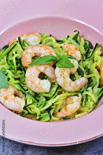 Garlic shrimp with zucchini noodles. Low carb, paleo and keto diet dish