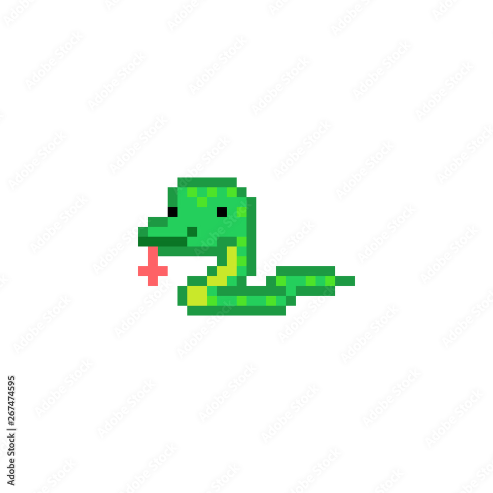 Green pixel art snake character isolated on white background. Exotic pet animal icon. Cute 8 bit logo. Retro vintage 80s; 90s slot machine/video game graphics. Chinese zodiac symbol.