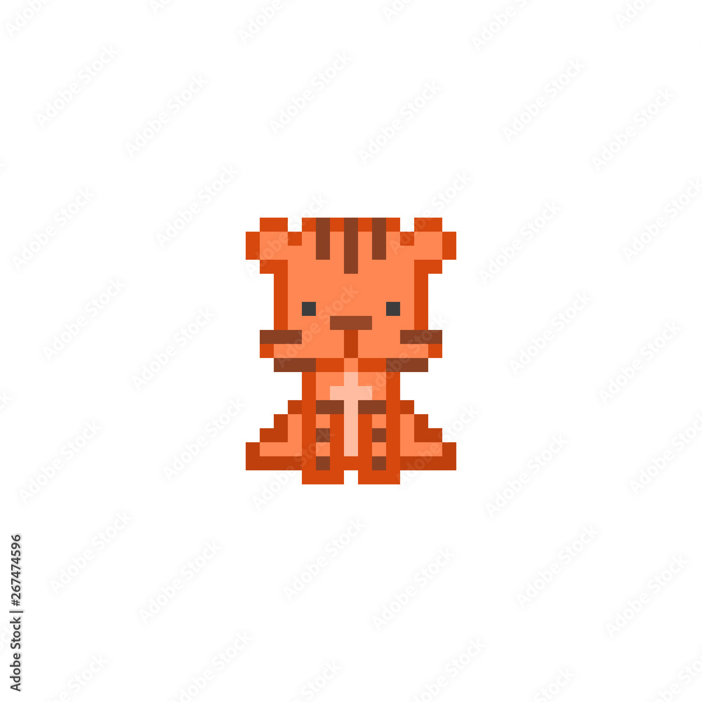 Fototapeta premium Pixel art tiger character isolated on white background. Wildlife animal icon. Cute 8 bit logo. Retro vintage 80s; 90s slot machine/video game graphics. Chinese zodiac symbol.