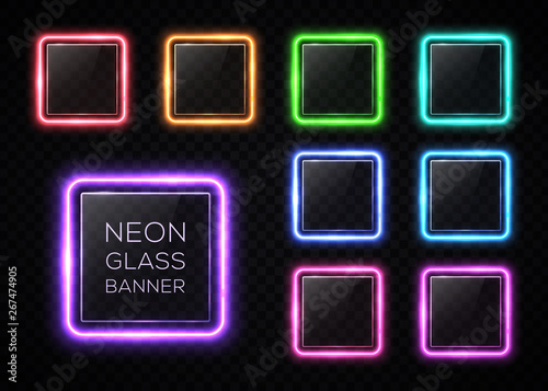 Glossy plastic texture banners set. Colorful square frames with led halogen lamp. Technology collection. Rectangle signs with blank text place on transparent background. Hud design vector illustration