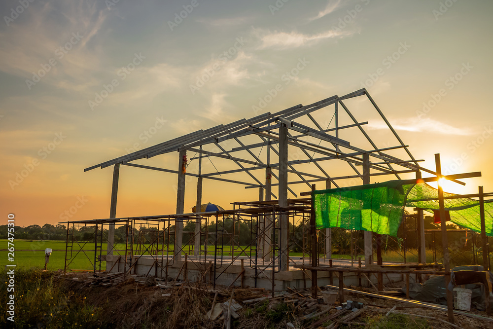 home construction site Steel roof mortar scaffolding Steel roof mortar scaffolding on countryside nature home construction site Steel roof mortar scaffolding Steel roof mortar scaffolding on countryside nature