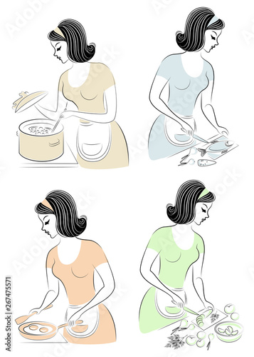 Collection. Profile of a beautiful lady. The girl prepares food, cuts vegetables for salad, cleans fish, fry an omelet, cooks in a saucepan. Women are good housewives, cook. Vector illustration