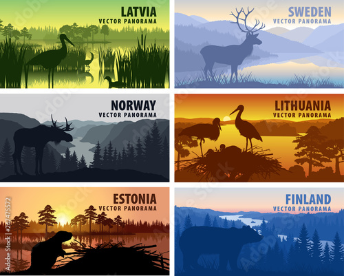Vector set of Scandinavia and Baltic countries illustrations - Sweden, Lithuania, Finland, Latvia, Norway, Estonia