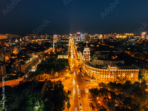 Night summer Voronezh, aerial view. Tower of management of south-east railway and Revolution prospect
