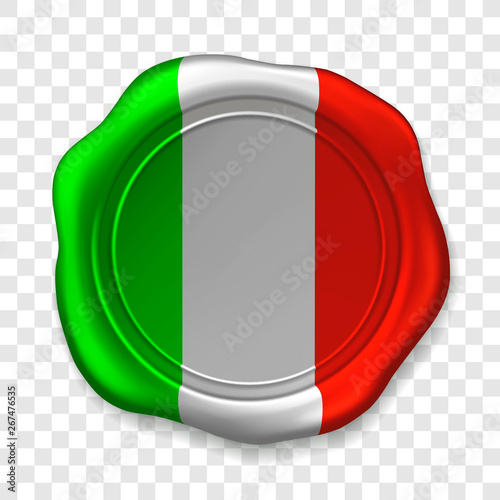 Glossy Wax Seal in Italian colors. Sealing wax old realistic stamp label on transparent background. Top view. Label with flag. Vector illustration