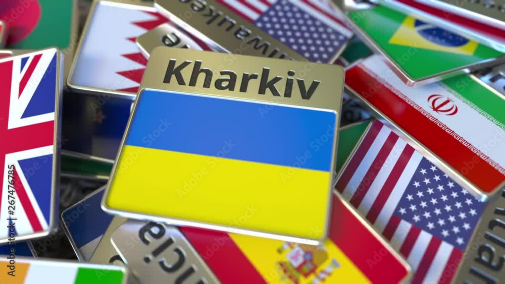 Souvenir magnet or badge with Kharkiv text and national flag among different ones. Traveling to Ukraine conceptual intro animation
