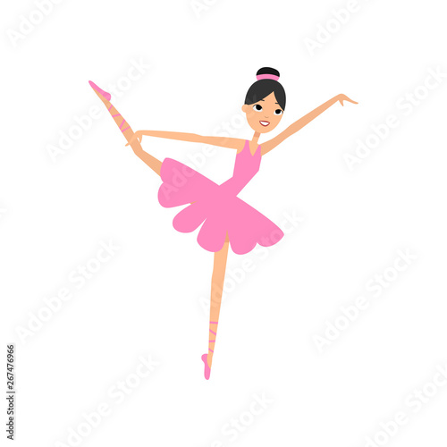 Cute dancing brunette girl, ballerina pink dress