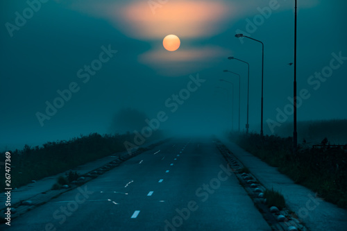 Foggy sunrise and a road. The sun and fog on a countryside road with birds in Waalwijk, Noord Brabant, Netherlands.