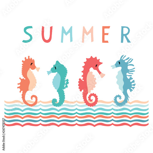Cute summer seahorse group cartoon vector illustration motif set. Hand drawn isolated ocean animals elements clipart for nautical oceanology blog, zoology graphic, undersea web buttons.