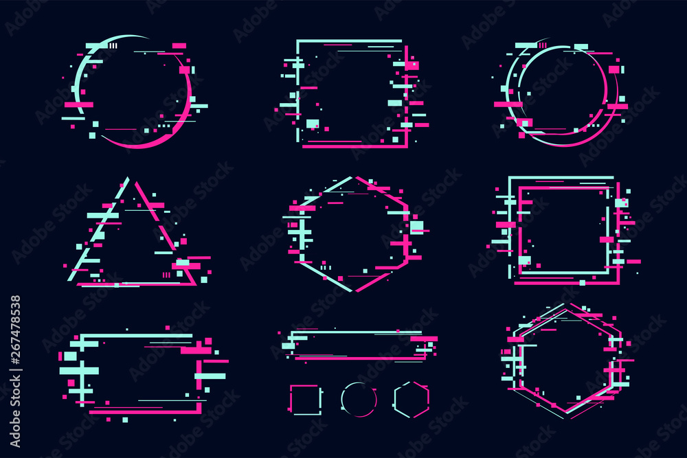 Glitch effect banners and frame set. Futuristic design with glitchy abstract shapes. Vector clipart elements.