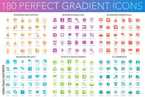 180 vector trendy perfect gradient icons set of business motivation, analysis, business essentials, business project, startup development, e commerce.