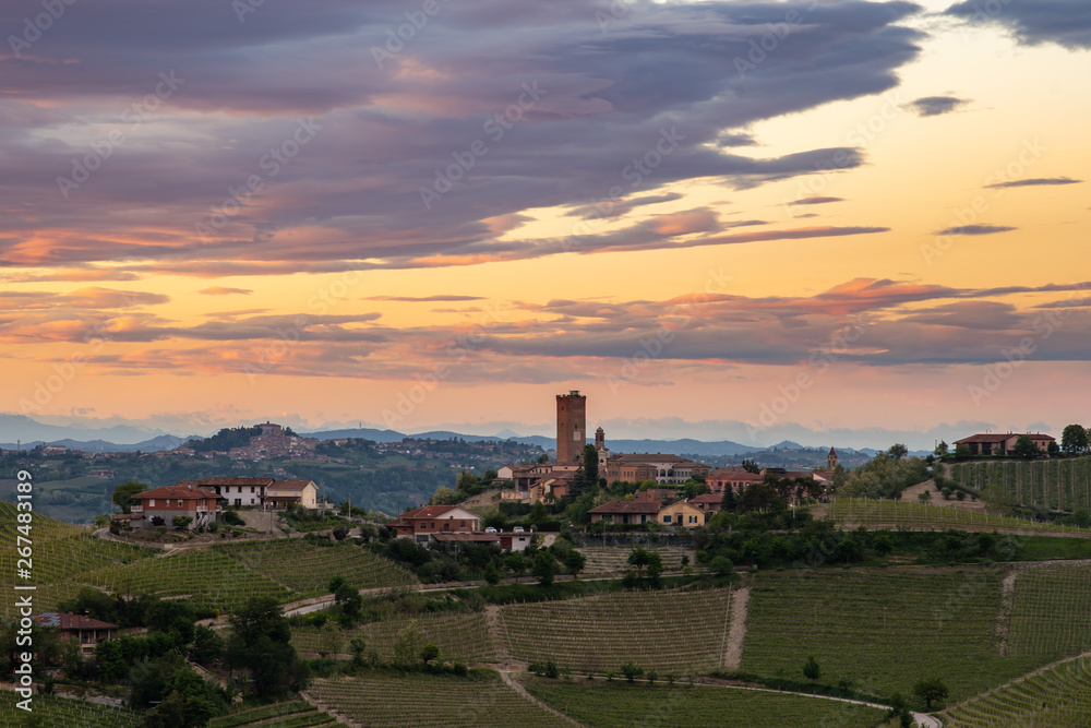 Barbaresco town view on sunset light. Vineyards from Langhe region,Italy agriculture. Unesco world heritage site. Piedmont Italy