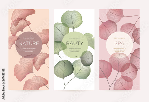 A set of cards with abstract leaves. Design template for the hotel, beauty salon, spa, restaurant, club. Vector illustration.