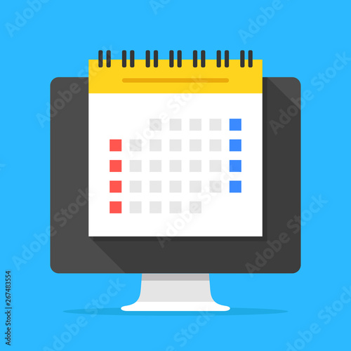 Computer with calendar on screen. Schedule, agenda, online planner, planning, meeting, time management concepts. Modern flat design. Vector illustration