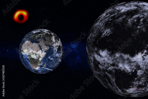 Planet Earth of Solar system near unknown dark planet and black hole somewhere in space. Science fiction. Elements of this image were furnished by NASA.
