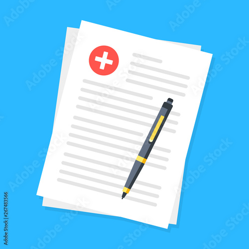 Medical documents and pen. Top view. Modern flat design. Vector illustration