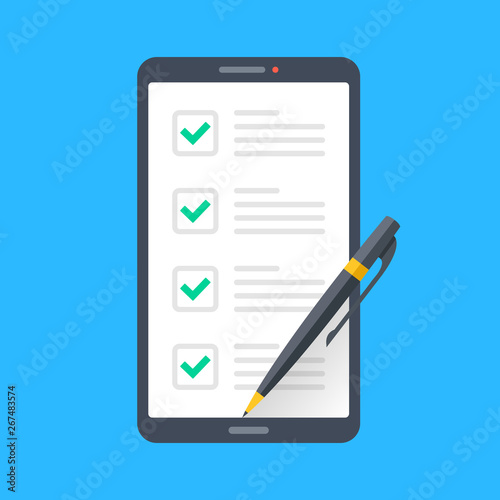 Smartphone with checklist and pen on screen. Online survey, exam, questionnaire. Mobile phone and check list with checkboxes and green check marks. Mobile app quiz. Flat design. Vector illustration