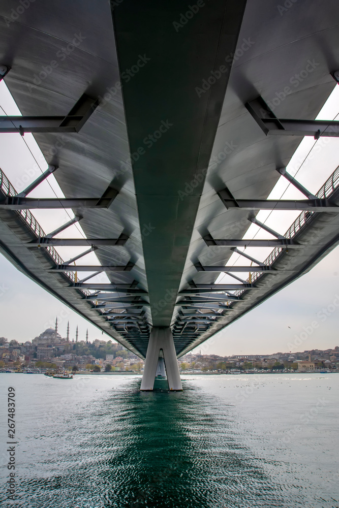 Golden Horn view of new built Halic Metro Bridge, vintage filter applied    