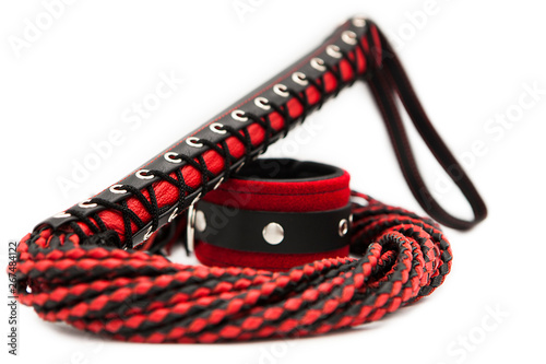 Sex toys for bdsm. Leather whip and collar isolated on white background