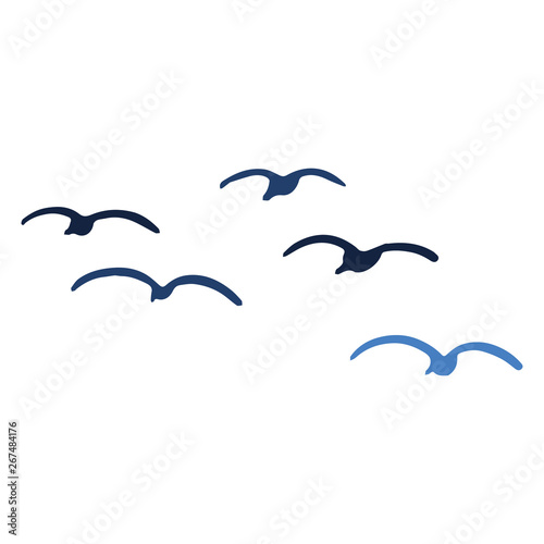 Cute seagull flock silhouette cartoon vector illustration motif set. Hand drawn isolated ocean life elements clipart for birdwatching blog, avian graphic, world sea bird buttons.
