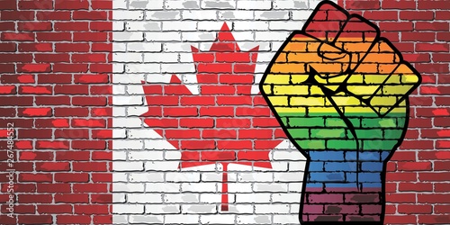 LGBT Protest Fist on a Canada brick Wall Flag - Illustration,  Brick Wall Canada and Gay flags
